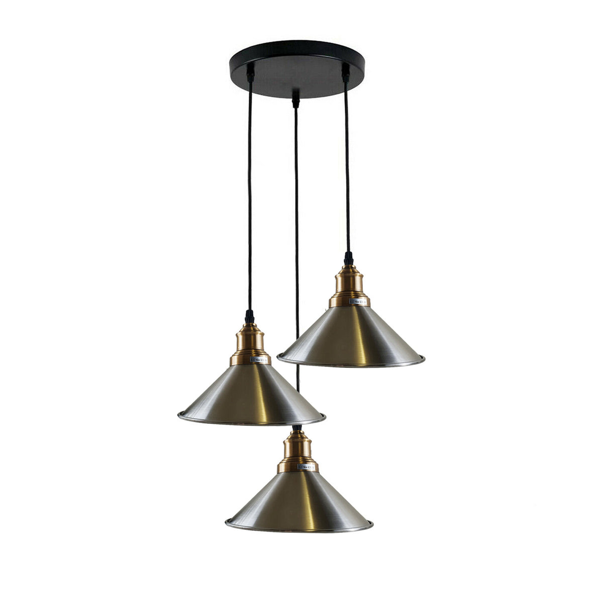 3 Light Cluster Pendant – Round Plate or Bar, 40+ Shade Choices, E27 - Yellow Brass, Small Cone 22 cm Satin Nickel, Round Plate, Without Bulb