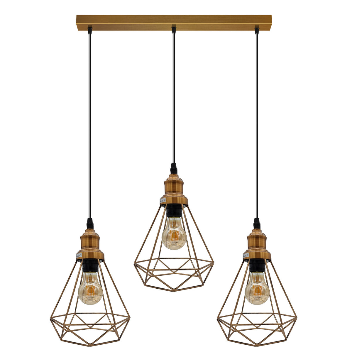 3 Light Cluster Pendant – Round Plate or Bar, 40+ Shade Choices, E27 - Yellow Brass, Wire Cage Brushed Copper, Straight Bar, Without Bulb