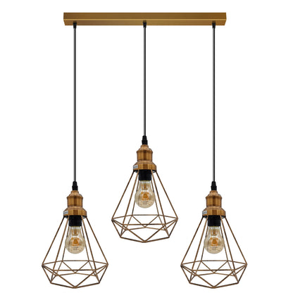3 Light Cluster Pendant – Round Plate or Bar, 40+ Shade Choices, E27 - Yellow Brass, Wire Cage Brushed Copper, Straight Bar, Without Bulb