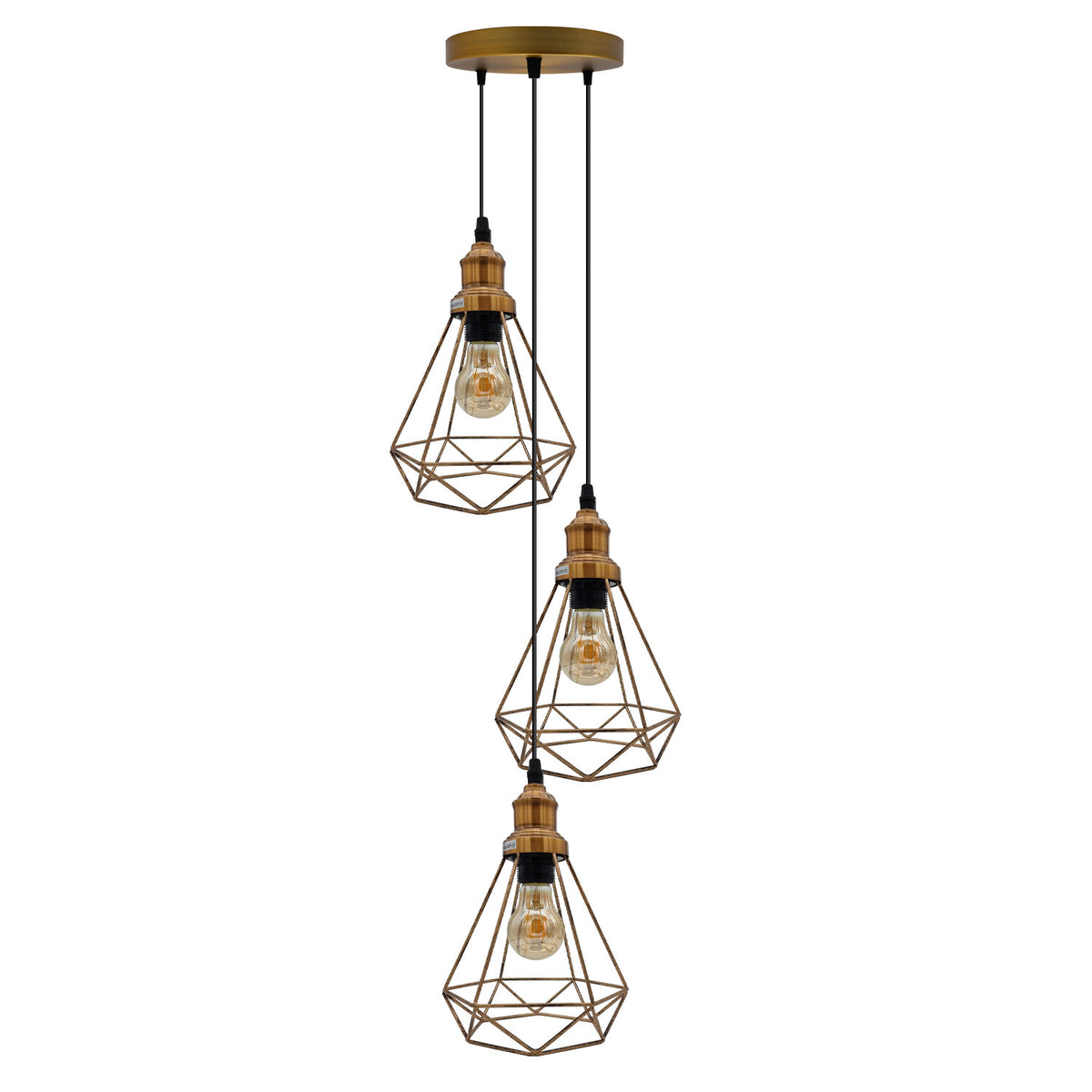 3 Light Cluster Pendant – Round Plate or Bar, 40+ Shade Choices, E27 - Yellow Brass, Wire Cage Brushed Copper, Round Plate, Without Bulb