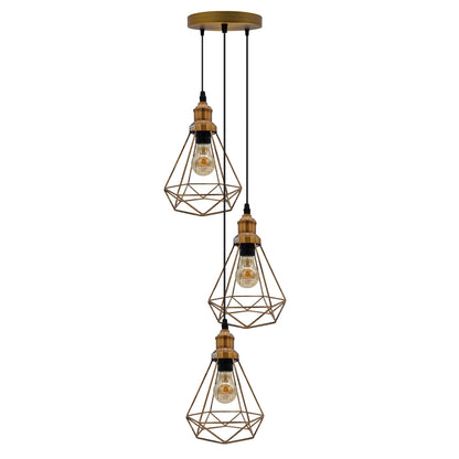 3 Light Cluster Pendant – Round Plate or Bar, 40+ Shade Choices, E27 - Yellow Brass, Wire Cage Brushed Copper, Round Plate, Without Bulb