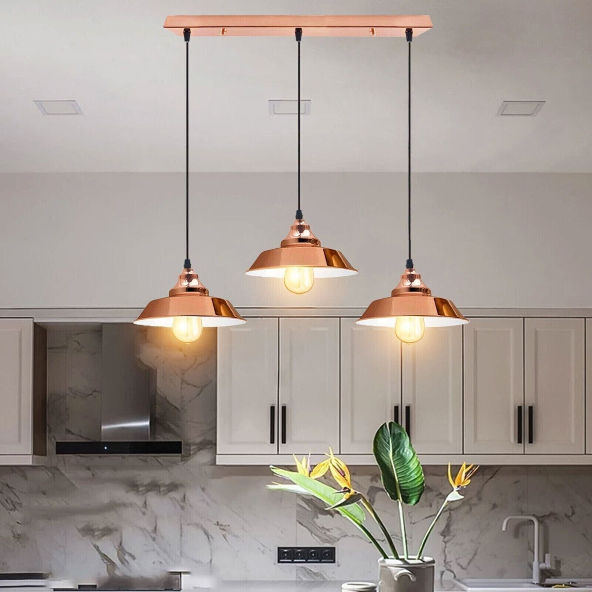 3-Light Vintage Dome Pendant – Round Plate or Bar, 8 Finishes - photo 3