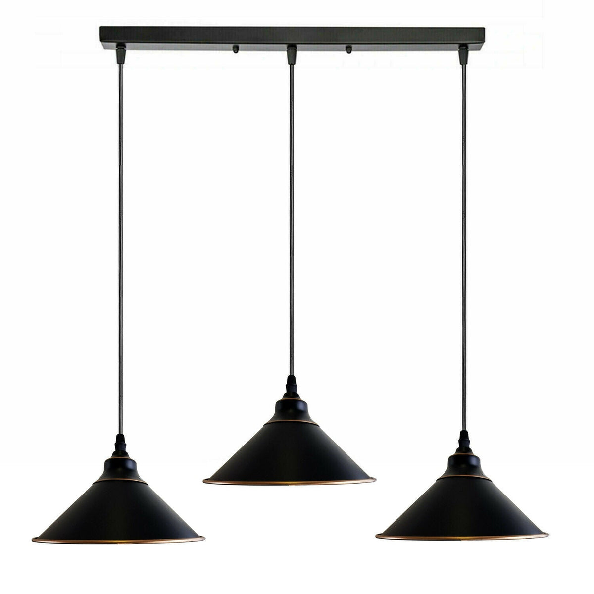 3-Light Vintage Dome Pendant – Round Plate or Bar, 8 Finishes - Black & Gold Line, Flat Cone 22 cm Black & Gold Line, Bar, Without Bulb