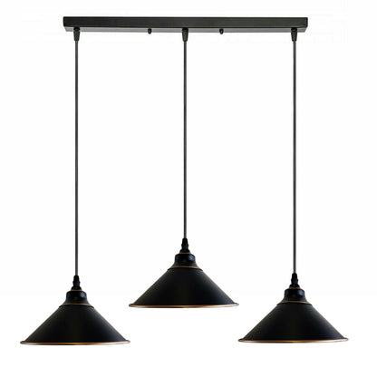3-Light Vintage Dome Pendant – Round Plate or Bar, 8 Finishes - Black & Gold Line, Flat Cone 22 cm Black & Gold Line, Bar, Without Bulb