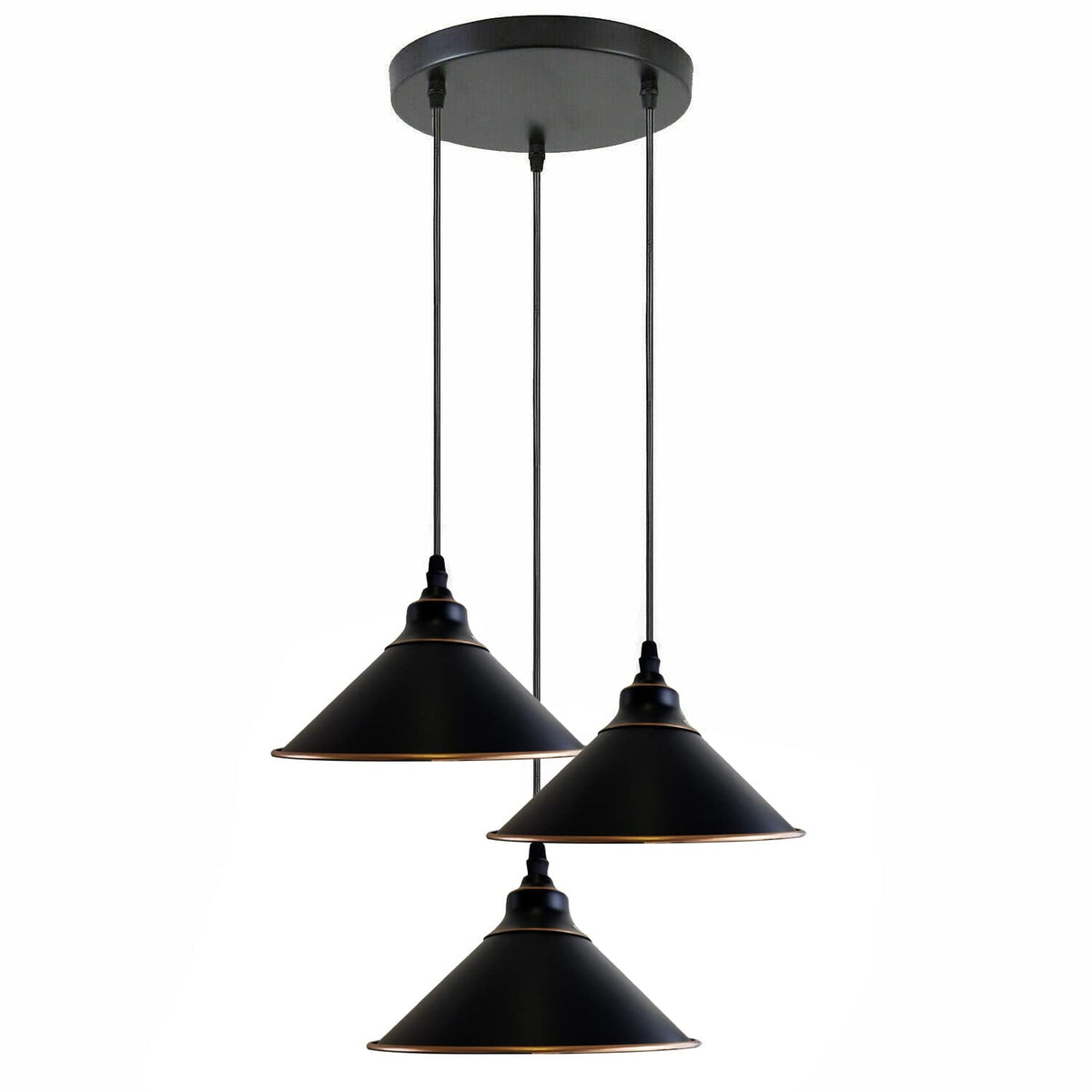 3-Light Vintage Dome Pendant – Round Plate or Bar, 8 Finishes - Black & Gold Line, Flat Cone 22 cm Black & Gold Line, Round Plate, Without Bulb