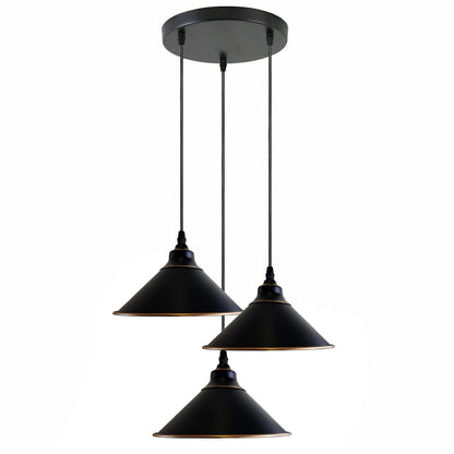 3-Light Vintage Dome Pendant – Round Plate or Bar, 8 Finishes - Black & Gold Line, Flat Cone 22 cm Black & Gold Line, Round Plate, Without Bulb