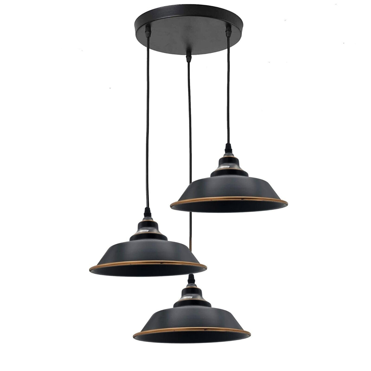 3-Light Vintage Dome Pendant – Round Plate or Bar, 8 Finishes - Black & Gold Line, Vintage Dome 22 cm Black & Gold Line, Round Plate, Without Bulb