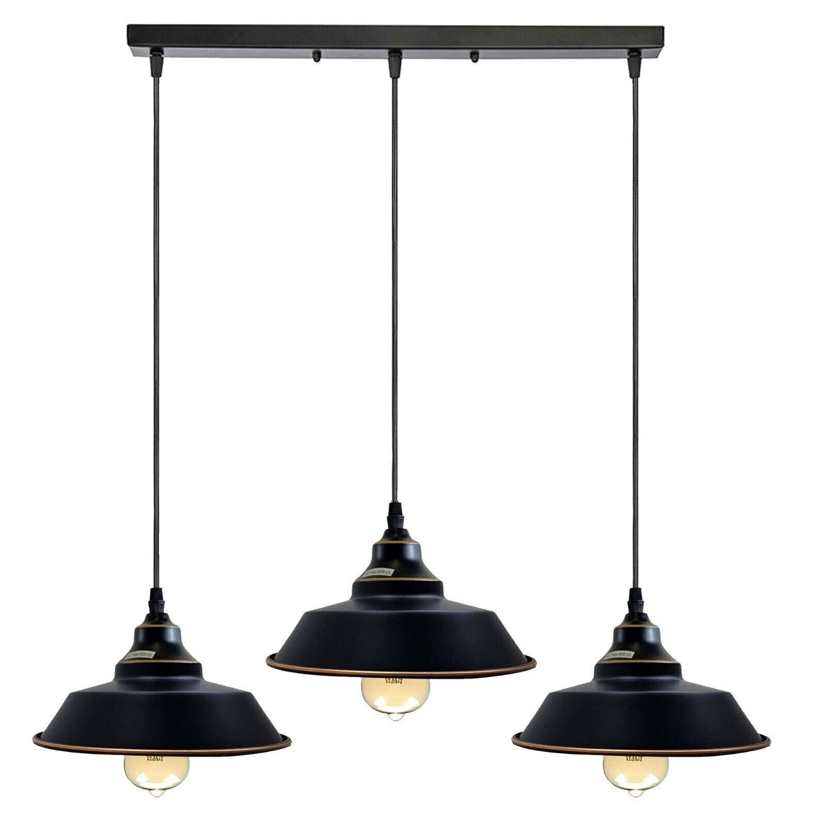 3-Light Vintage Dome Pendant – Round Plate or Bar, 8 Finishes - Black & Gold Line, Vintage Dome 22 cm Black & Gold Line, Bar, Without Bulb