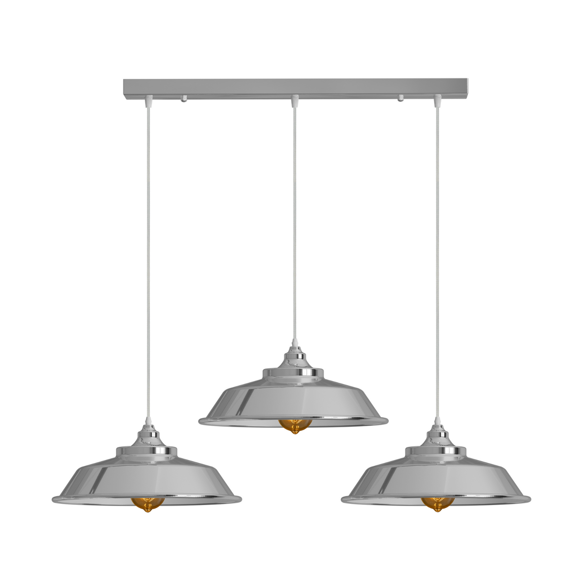 3-Light Vintage Dome Pendant – Round Plate or Bar, 8 Finishes - Chrome, Vintage Dome 22 cm Chrome, Bar, Without Bulb