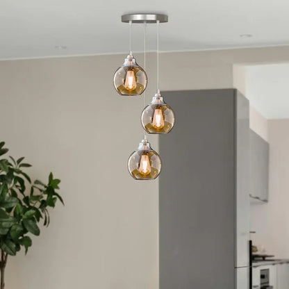 3-Light Vintage Dome Pendant – Round Plate or Bar, 8 Finishes - Rose Gold, Glass Globe 20 cm Amber, Round Plate, Without Bulb