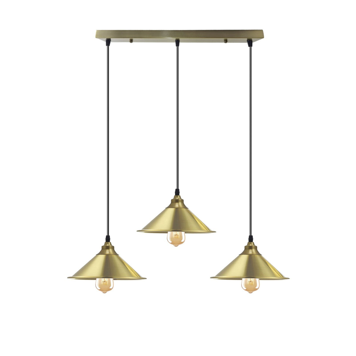 3-Light Vintage Dome Pendant – Round Plate or Bar, 8 Finishes - Yellow Brass, Small Cone 22 cm Yellow Brass, Bar, Without Bulb