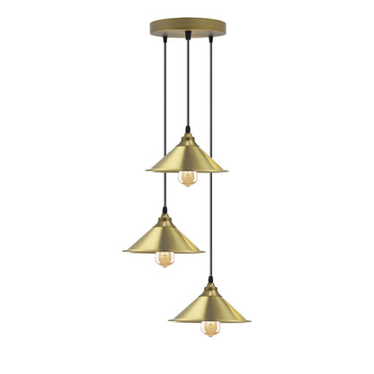 3-Light Vintage Dome Pendant – Round Plate or Bar, 8 Finishes - Yellow Brass, Small Cone 22 cm Yellow Brass, Round Plate, Without Bulb