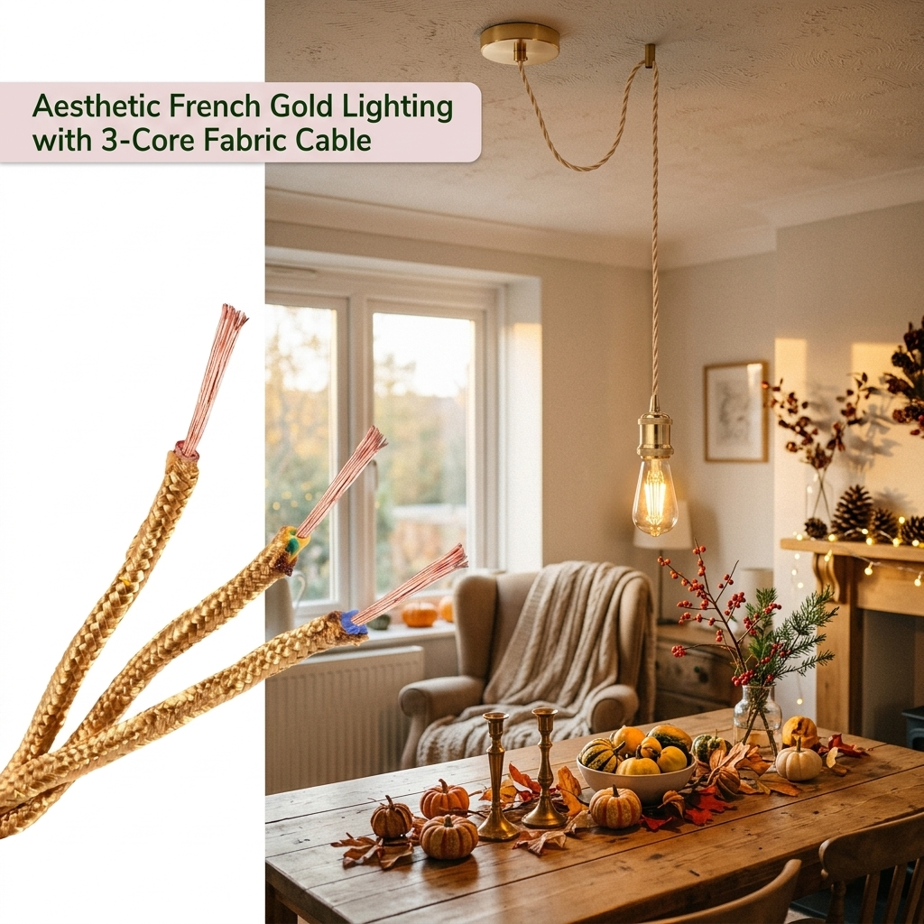 French Gold Fabric Cable Pendant Set – Swag Hook or Plain, E27 - photo 4