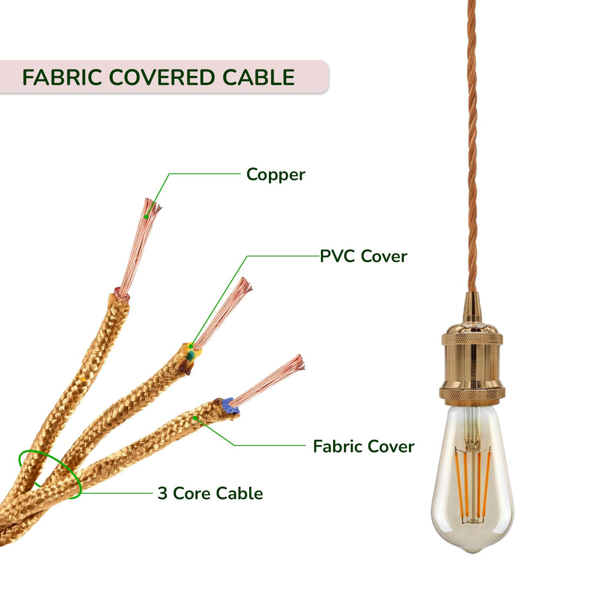 French Gold Fabric Cable Pendant Set – Swag Hook or Plain, E27 - photo 5