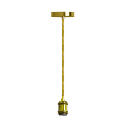 French Gold Fabric Cable Pendant Set – Swag Hook or Plain, E27 - Yellow Brass, Holder Set, Without Bulb