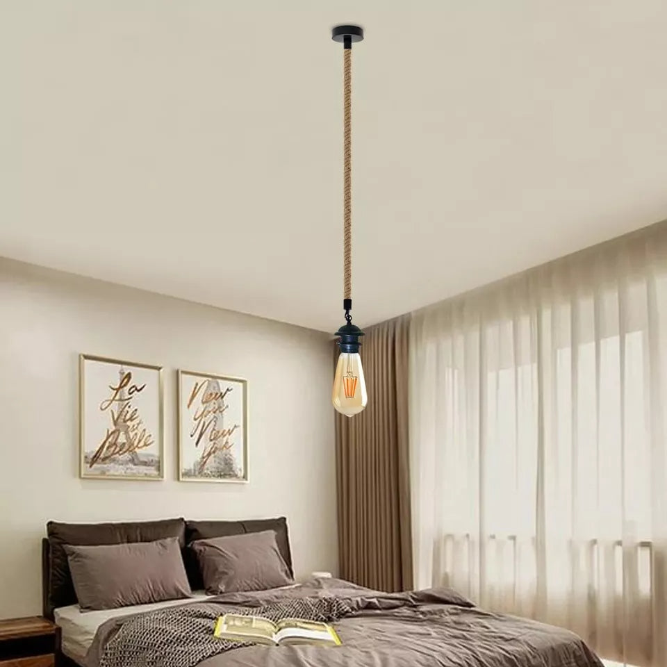 Hemp Rope Pendant Light – 1m, Black E27 Holder - photo 3