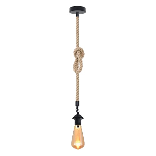 Hemp Rope Pendant Light – 1m, Black E27 Holder - Black, No Shade, EDG125 LED Bulb 3W