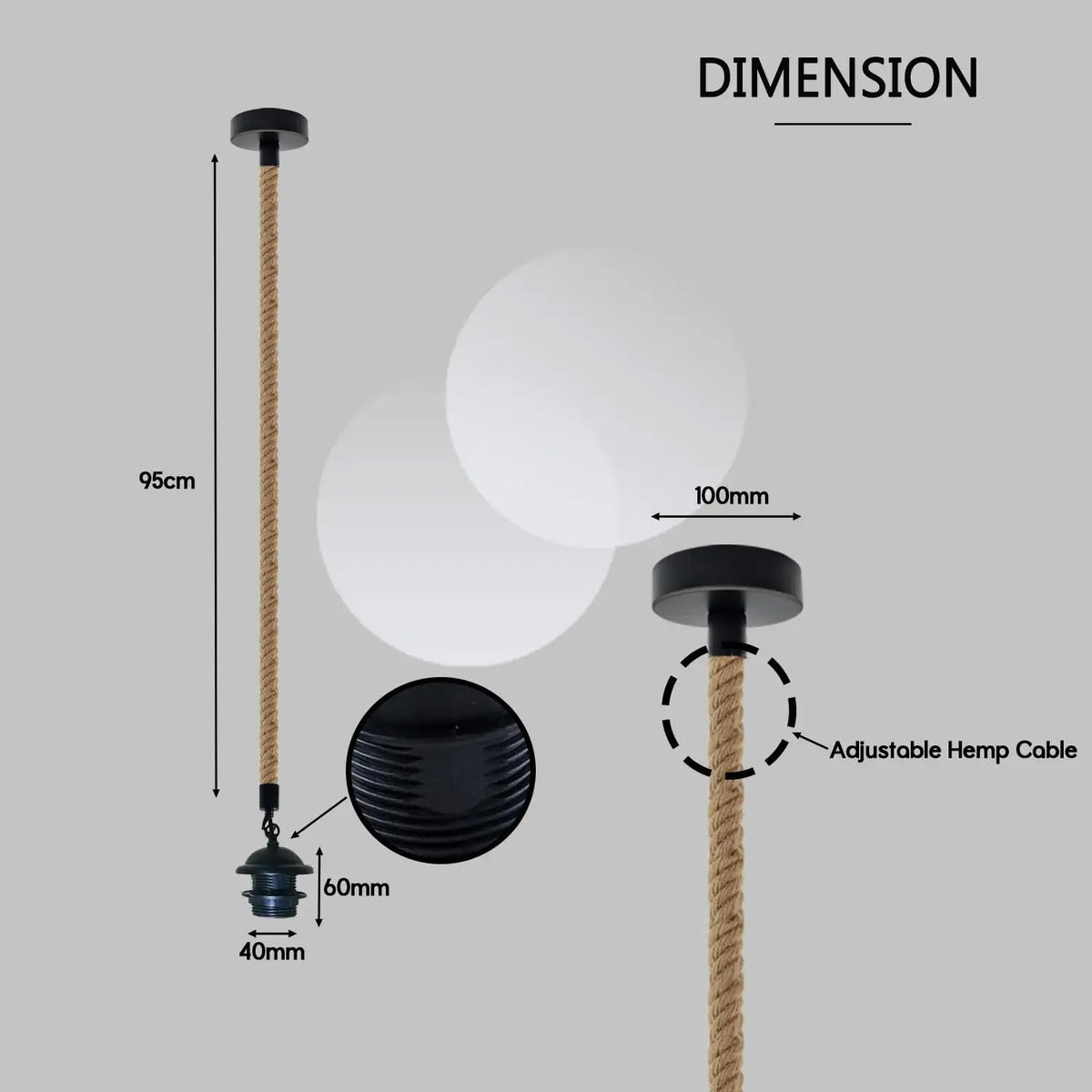 Hemp Rope Pendant Light – 1m, Black E27 Holder - photo 2