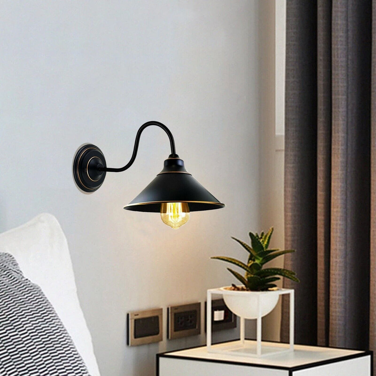 Swan Neck Wall Light with Cone Shade – Black & Gold Line, E27 - photo 3