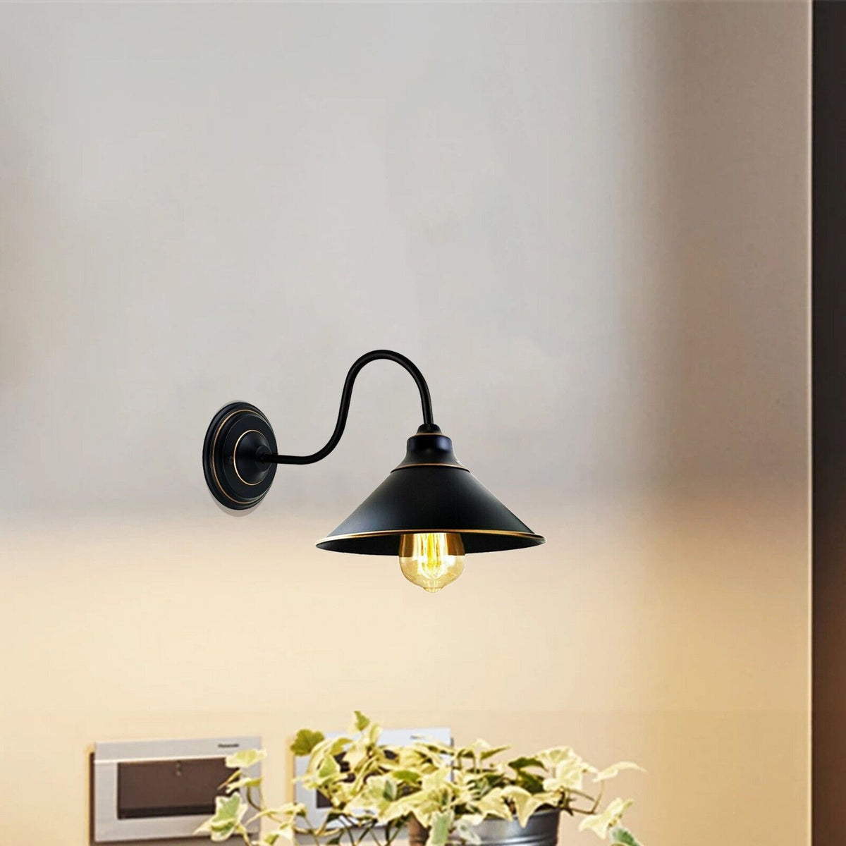 Swan Neck Wall Light with Cone Shade – Black & Gold Line, E27 - photo 6