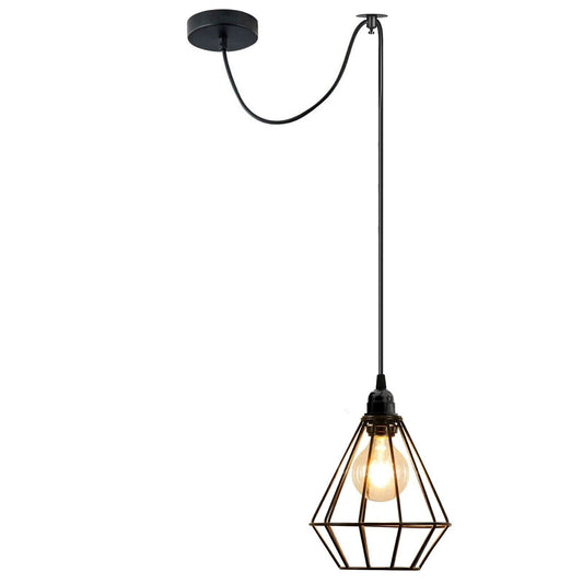 Geometric Cage Swag Pendant Light – Black, 2 m Cable with Hook - Black, Geometric Cage Black, with Hook, Without Bulb