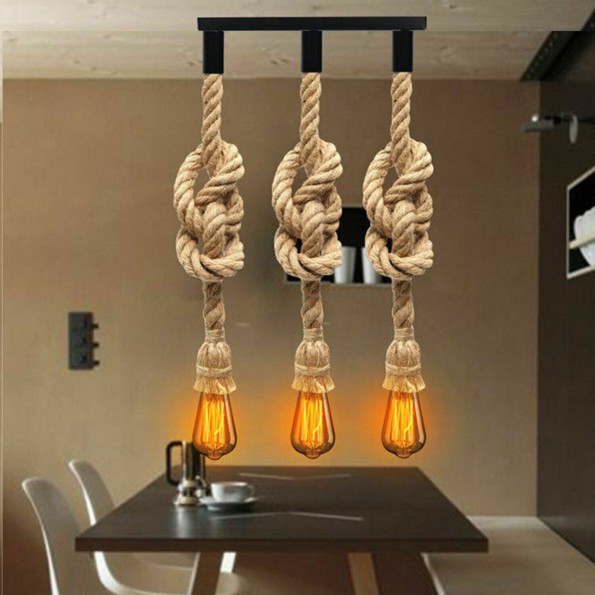 3-Light Hemp Rope Pendant – Knotted Rope, Round Plate or Bar - photo 2