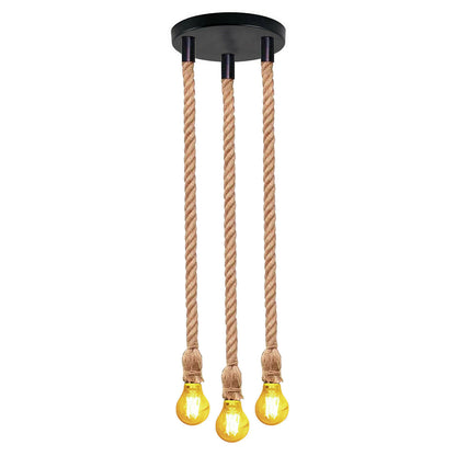 3-Light Hemp Rope Pendant – Knotted Rope, Round Plate or Bar - Hemp, Round Plate, Without Bulb