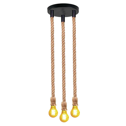 3-Light Hemp Rope Pendant – Knotted Rope, Round Plate or Bar - Hemp, Round Plate, Without Bulb