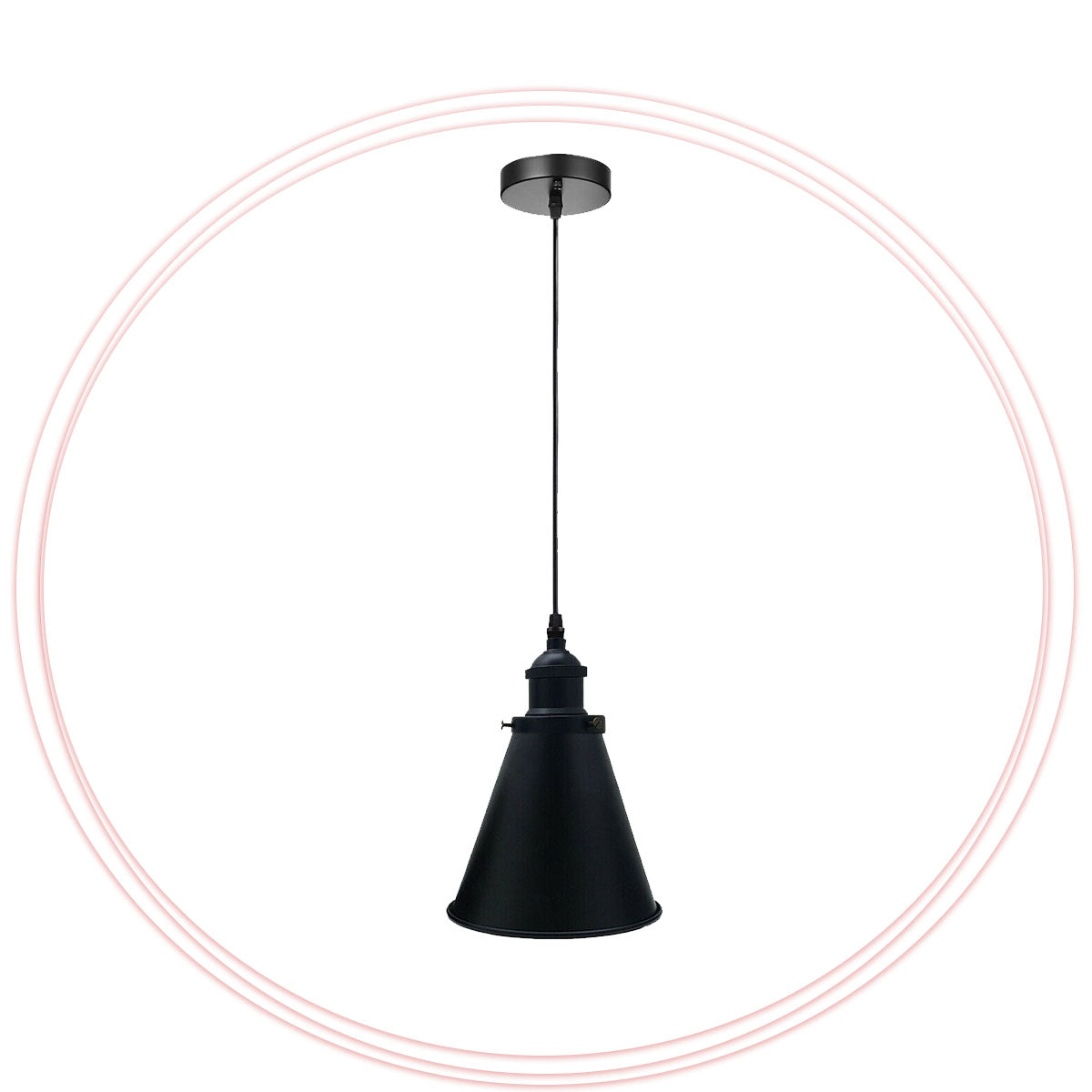 Retro Pendant Light – Metal Dome, Cone or Amber Glass Shade, E27 - Black, Long Cone 18 cm Black Shade Ring, Without Bulb
