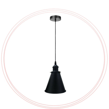 Retro Pendant Light – Metal Dome, Cone or Amber Glass Shade, E27 - Black, Long Cone 18 cm Black Shade Ring, Without Bulb
