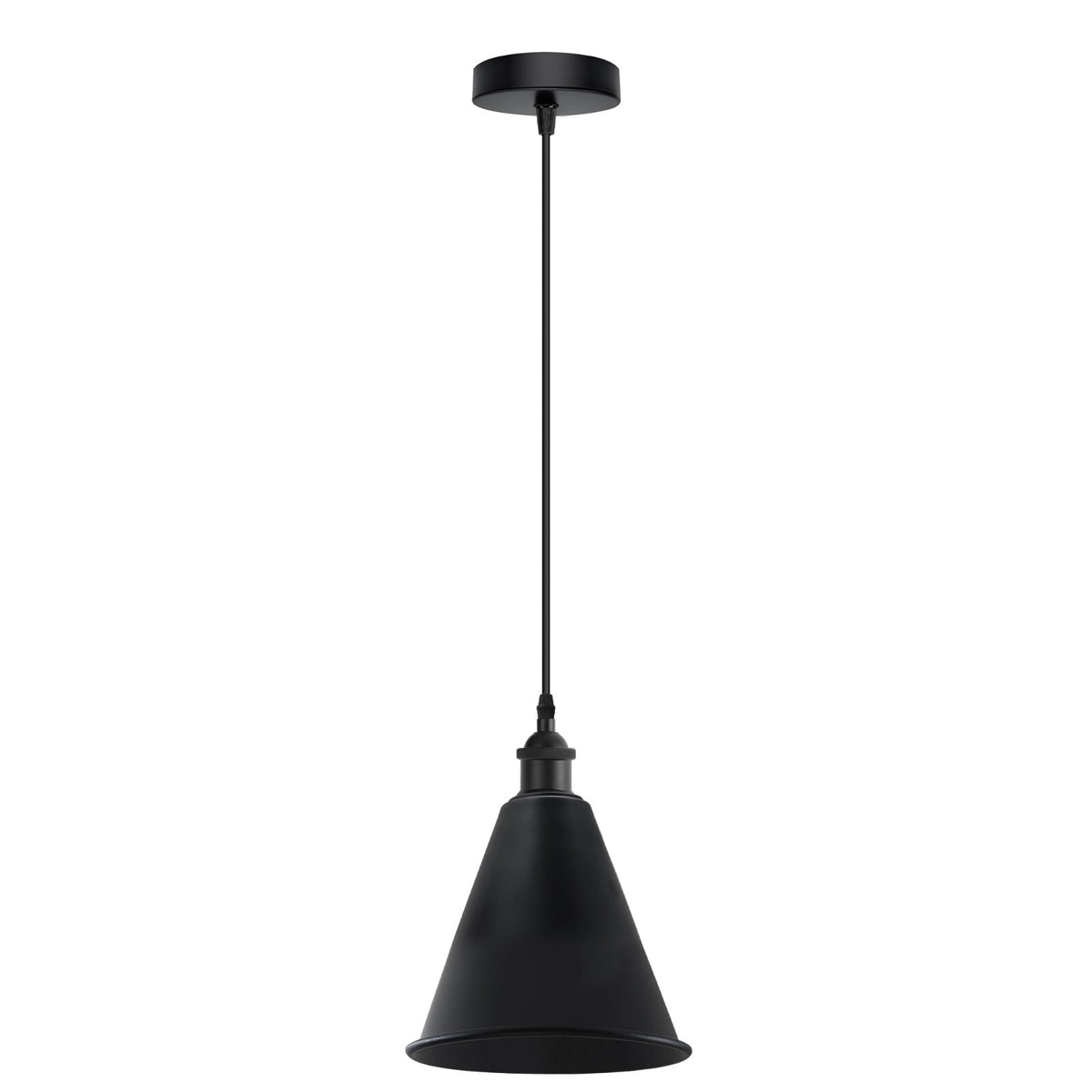 Retro Pendant Light – Metal Dome, Cone or Amber Glass Shade, E27 - Black, Long Cone 18 cm Black, Without Bulb