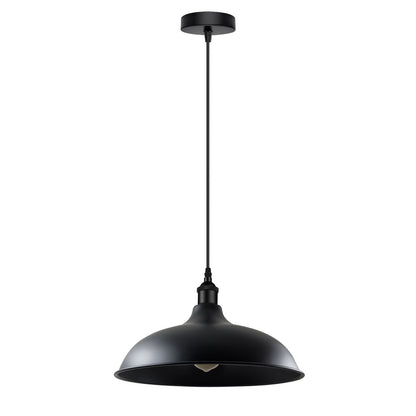 Retro Pendant Light – Metal Dome, Cone or Amber Glass Shade, E27 - Black, Wide Round 36 cm Black, Without Bulb