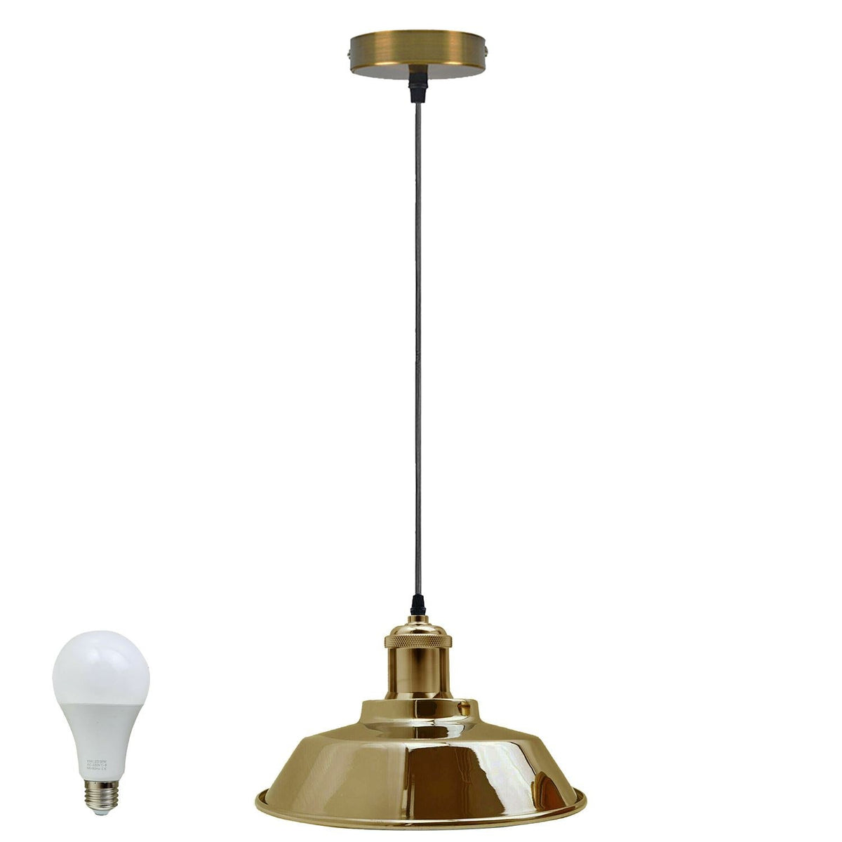 Retro Pendant Light – Metal Dome, Cone or Amber Glass Shade, E27 - French Gold, Vintage Dome 22 cm French Gold, WW LED Bulb 15W