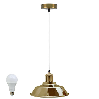 Retro Pendant Light – Metal Dome, Cone or Amber Glass Shade, E27 - French Gold, Vintage Dome 22 cm French Gold, WW LED Bulb 15W