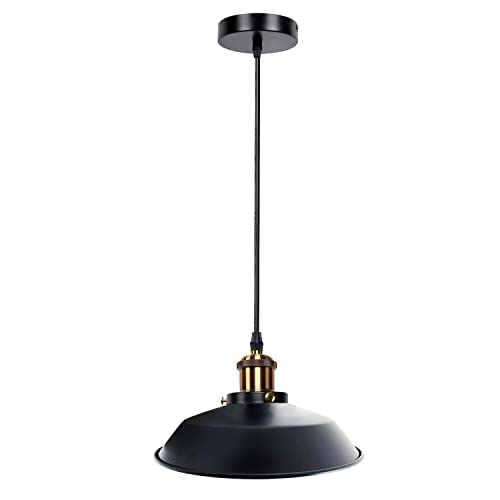 Retro Pendant Light – Metal Dome, Cone or Amber Glass Shade, E27 - Yellow Brass, Top 26 cm Black Shade Ring, Without Bulb