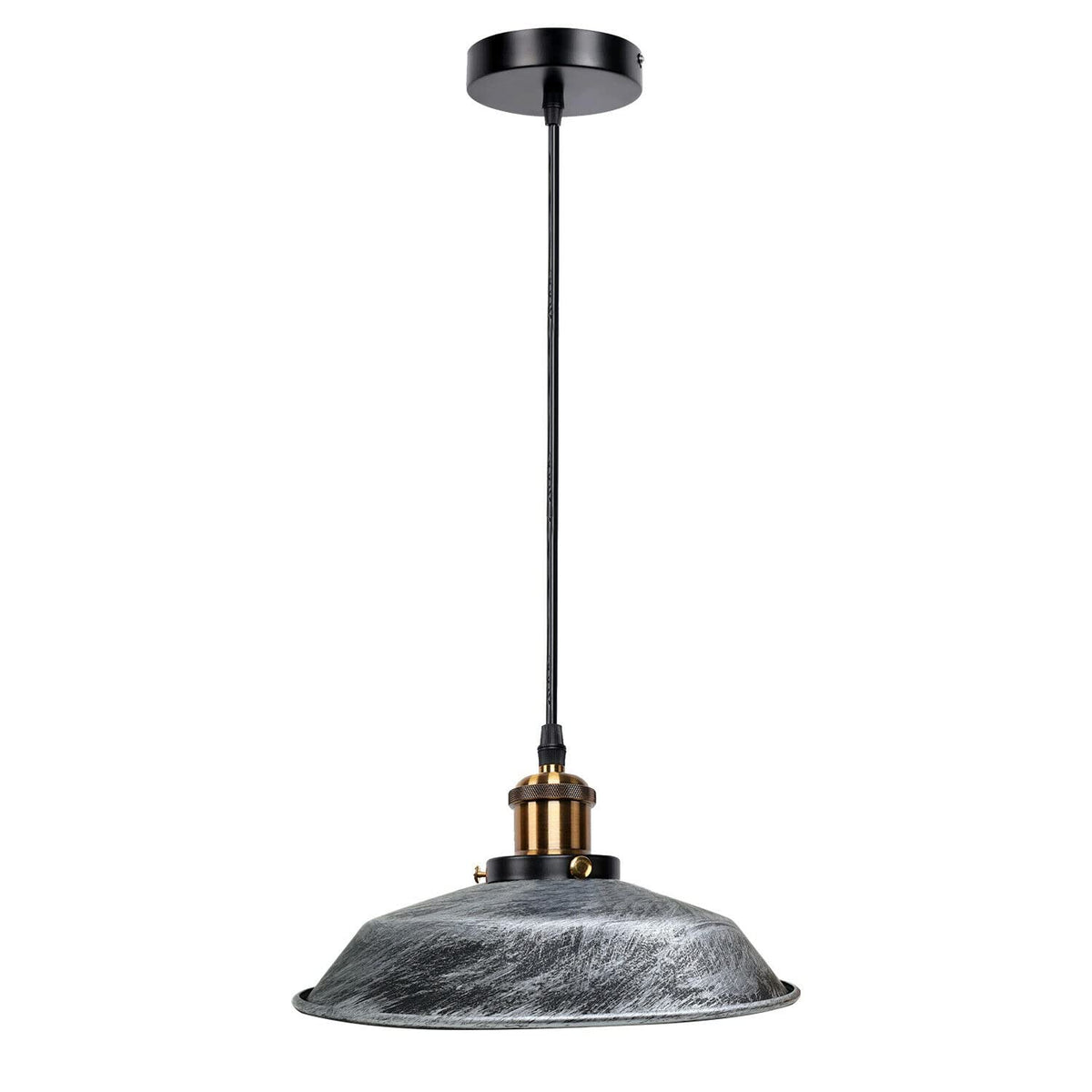 Retro Pendant Light – Metal Dome, Cone or Amber Glass Shade, E27 - Yellow Brass, Top 26 cm Brushed Silver, Without Bulb