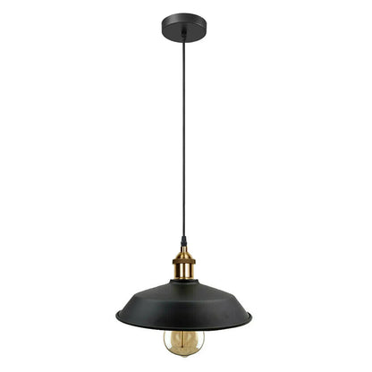 Retro Pendant Light – Metal Dome, Cone or Amber Glass Shade, E27 - Yellow Brass, Top 26 cm Black, Without Bulb