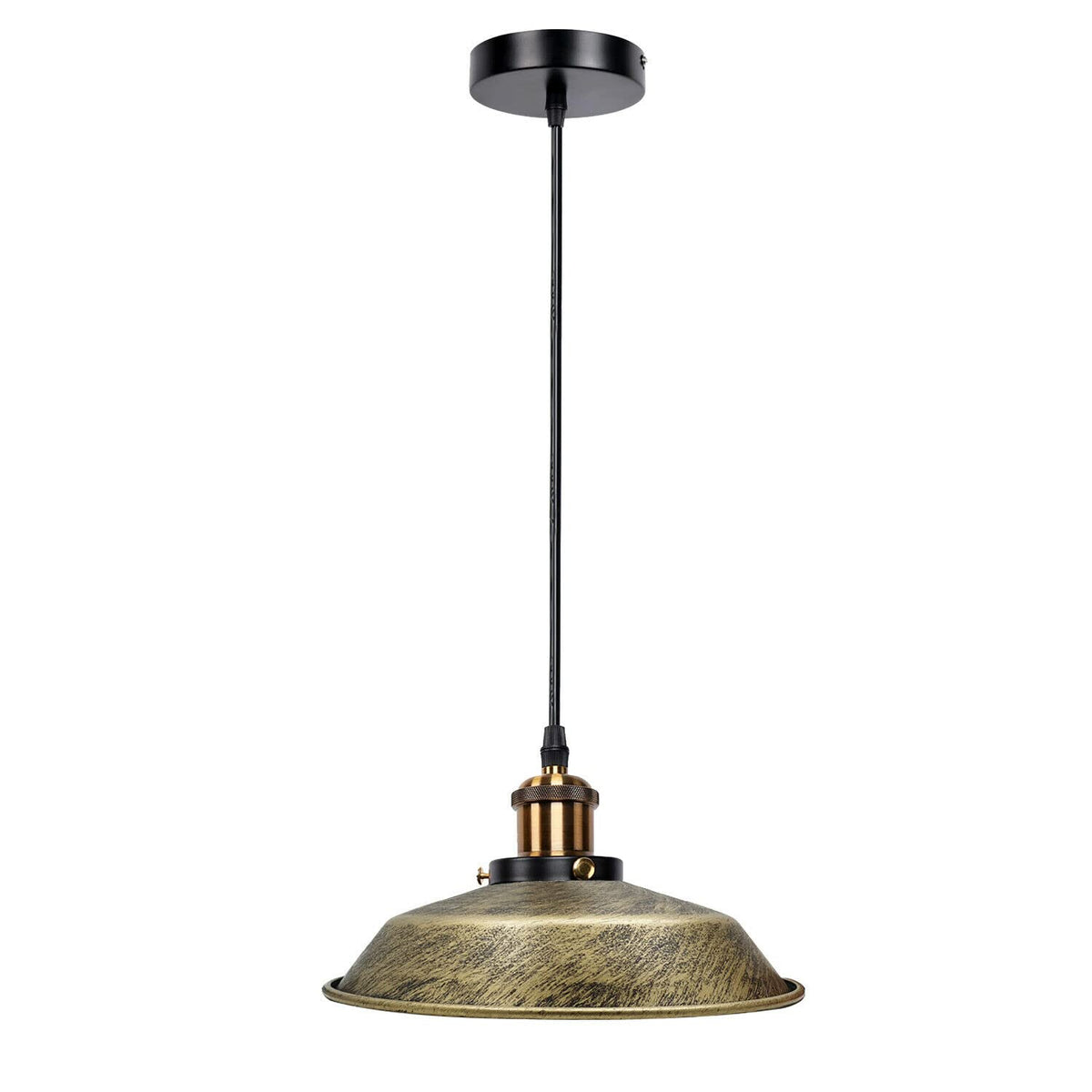 Retro Pendant Light – Metal Dome, Cone or Amber Glass Shade, E27 - Yellow Brass, Top 26 cm Brushed Brass, Without Bulb