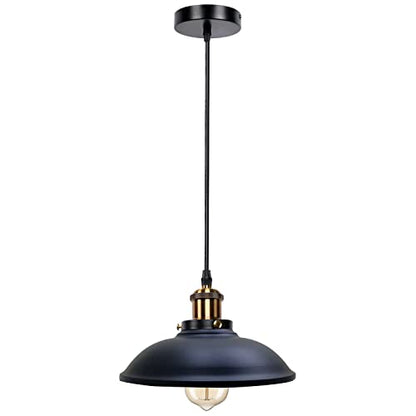 Retro Pendant Light – Metal Dome, Cone or Amber Glass Shade, E27 - Yellow Brass, Vintage 24 cm Black, Without Bulb