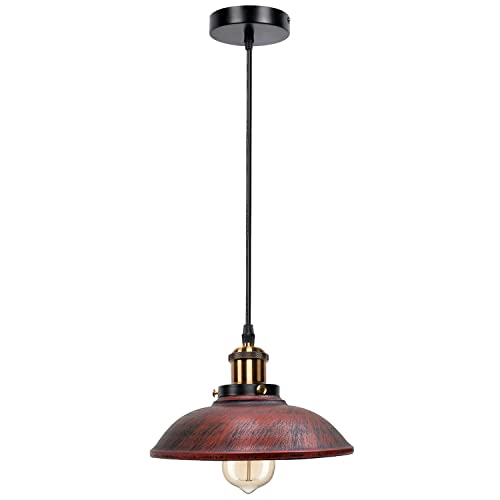 Retro Pendant Light – Metal Dome, Cone or Amber Glass Shade, E27 - Yellow Brass, Vintage 24 cm Rustic Red, Without Bulb
