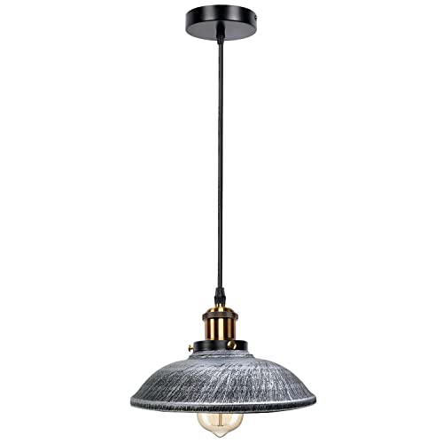 Retro Pendant Light – Metal Dome, Cone or Amber Glass Shade, E27 - Yellow Brass, Vintage 24 cm Brushed Silver, Without Bulb