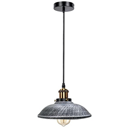 Retro Pendant Light – Metal Dome, Cone or Amber Glass Shade, E27 - Yellow Brass, Vintage 24 cm Brushed Silver, Without Bulb