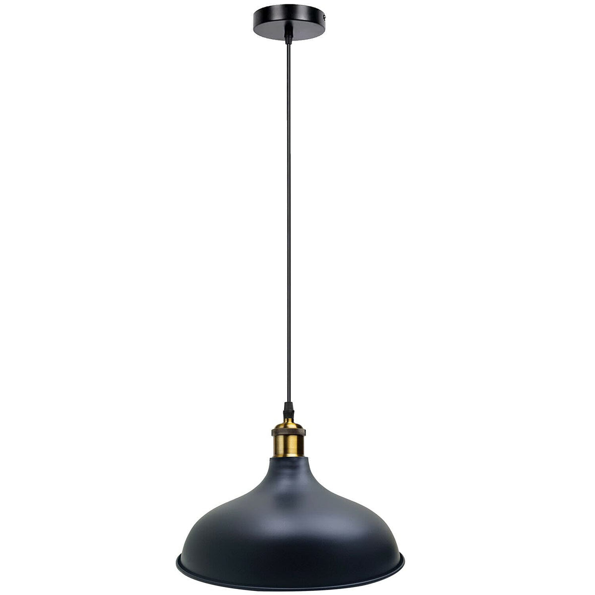 Retro Pendant Light – Metal Dome, Cone or Amber Glass Shade, E27 - Yellow Brass, Wide Round 36 cm Black, Without Bulb