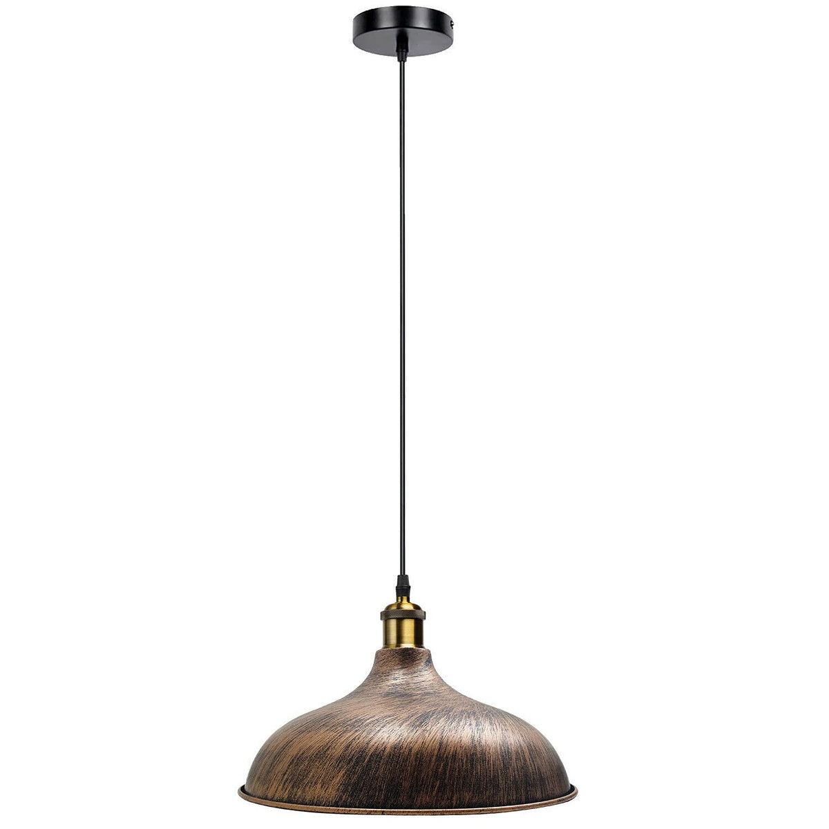 Retro Pendant Light – Metal Dome, Cone or Amber Glass Shade, E27 - Yellow Brass, Wide Round 36 cm Brushed Copper, Without Bulb