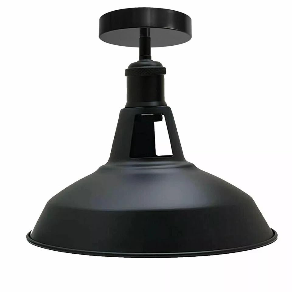 Industrial Semi Flush Ceiling Light – E27, Many Shades & Finishes - Black, Barn Slotted 30 cm Black, Without Bulb