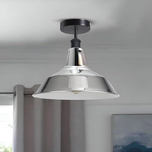 Industrial Semi Flush Ceiling Light – E27, Many Shades & Finishes - Black, Barn Slotted 30 cm Chrome, Without Bulb