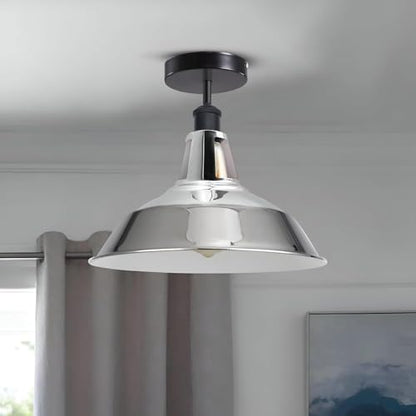 Industrial Semi Flush Ceiling Light – E27, Many Shades & Finishes - Black, Barn Slotted 30 cm Chrome, Without Bulb