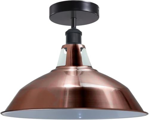 Industrial Semi Flush Ceiling Light – E27, Many Shades & Finishes - Black, Barn Slotted 30 cm Copper, Without Bulb