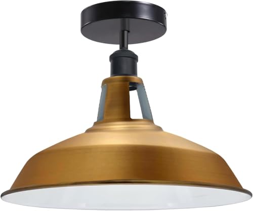 Industrial Semi Flush Ceiling Light – E27, Many Shades & Finishes - Black, Barn Slotted 30 cm Yellow Brass, Without Bulb
