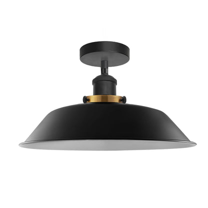 Industrial Semi Flush Ceiling Light – E27, Many Shades & Finishes - Black, Big Top 36 cm Black & White Inner, Without Bulb